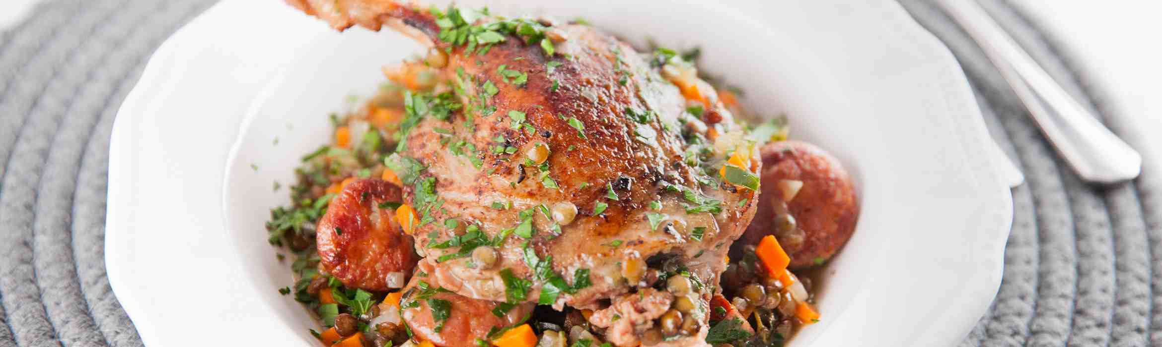 Confit Duck with Chorizo, Speck and Lentils Recipe
