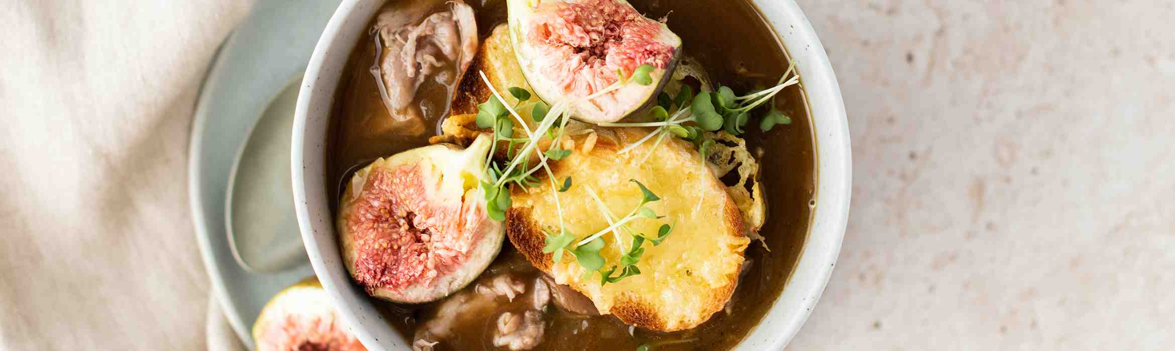 Confit Duck French Onion Soup with Fig & Gruyere Recipe