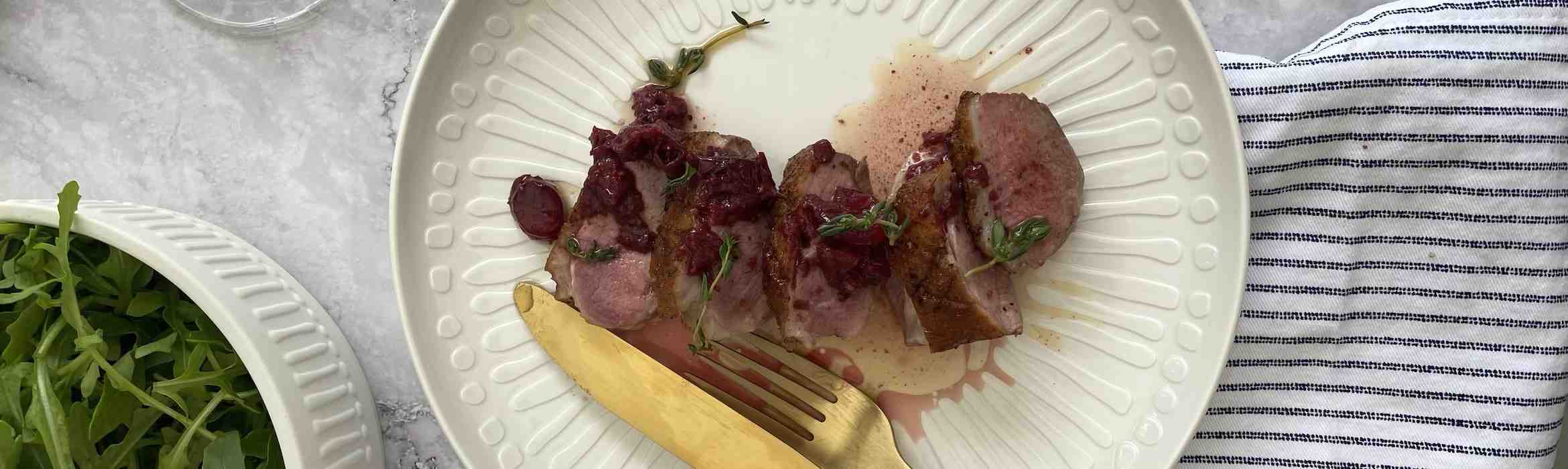 Pan-seared Duck Breasts with red wine, thyme and cranberry reduction Recipe