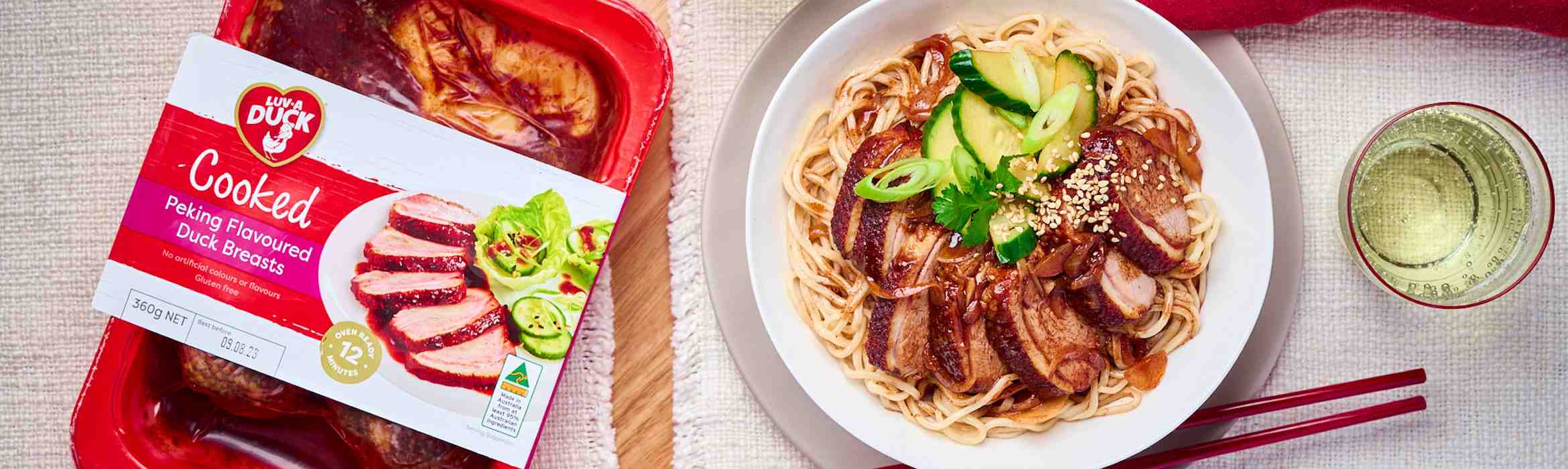 Peking Duck Breast with egg noodles, five spice sauce and fresh cucumber salad Recipe