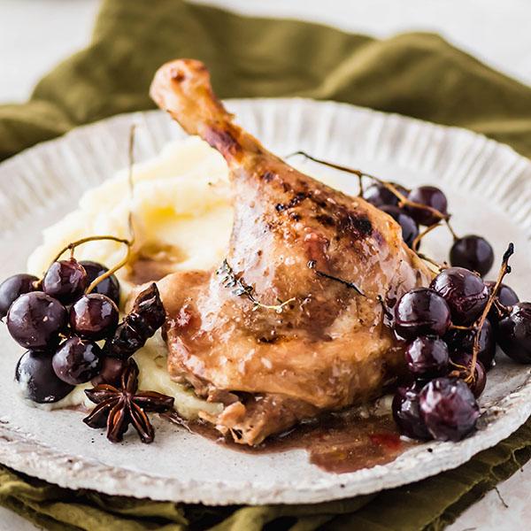 Confit Duck Legs with Roast Grapes served on Mash Potato Recipe