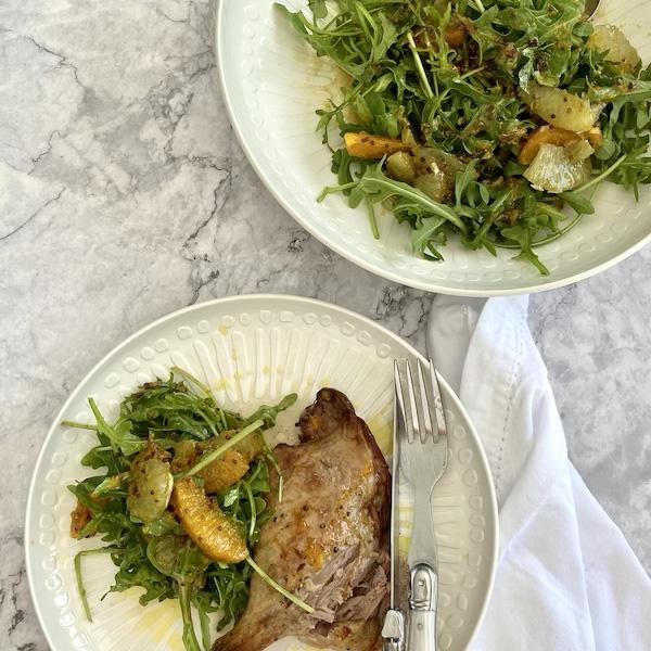 Confit duck legs with rosemary and orange zest salad Recipe