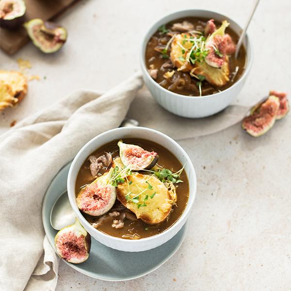 Confit Duck French Onion Soup with Fig & Gruyere Recipe