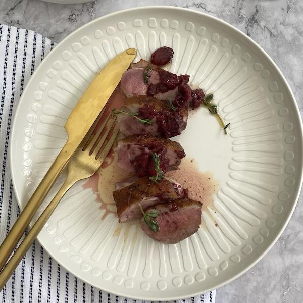 Pan-seared Duck Breasts with red wine, thyme and cranberry reduction Recipe