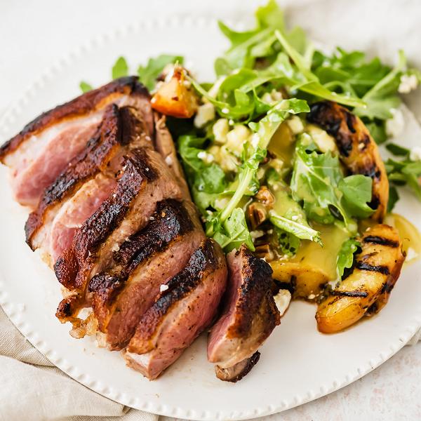 Crispy Skin Duck With Grilled Peach and Pecan Salad Recipe