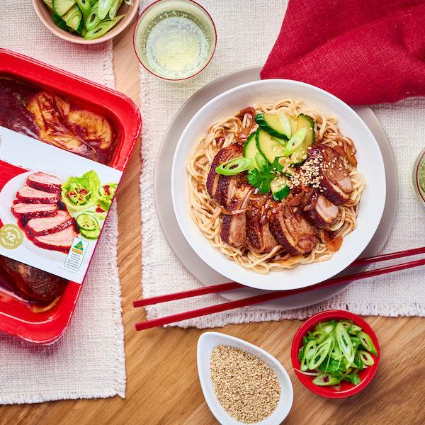 Peking Duck Breast with egg noodles, five spice sauce and fresh cucumber salad Recipe