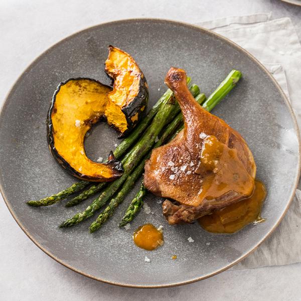 A L’Orange Duck Legs with Roast Pumpkin and Asparagus Recipe