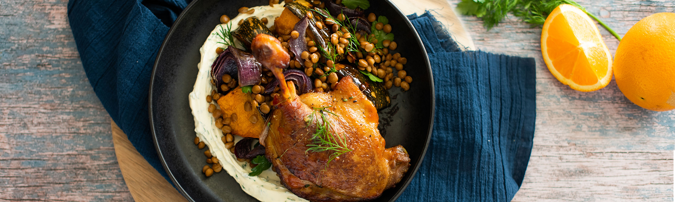 A L’Orange Duck with Pumpkin, Lentil salad and Herbed Crème Fraiche Recipe | Luv-a-Duck – Australia’